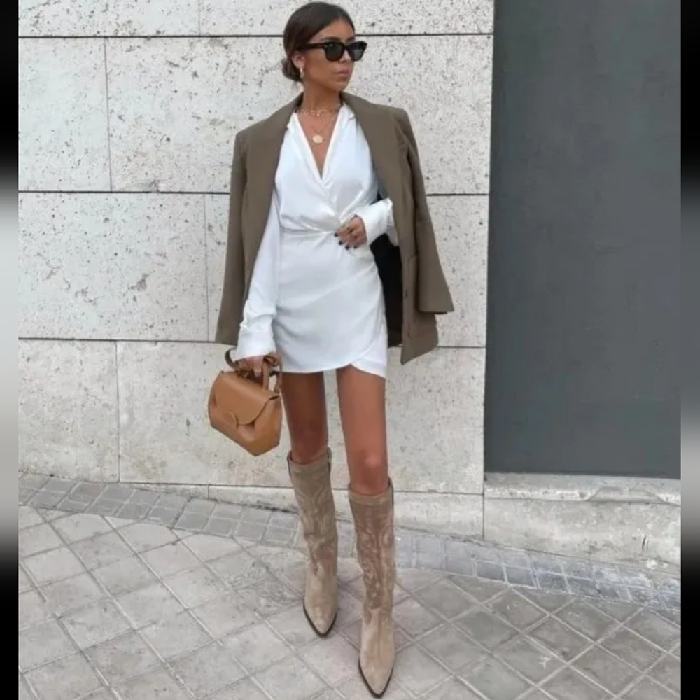 ZARA NWT US6.5/7.5/8 Sandy Brown Split Leather Cowboy Western Boot NEW BLOGGER'S